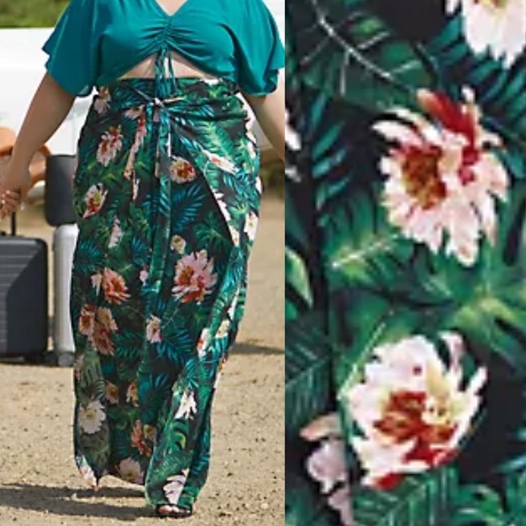 SRV X Fashion To Figure Juana Tie Front Wide Leg Flowy Pants: Tropical Floral - Picture 5 of 12